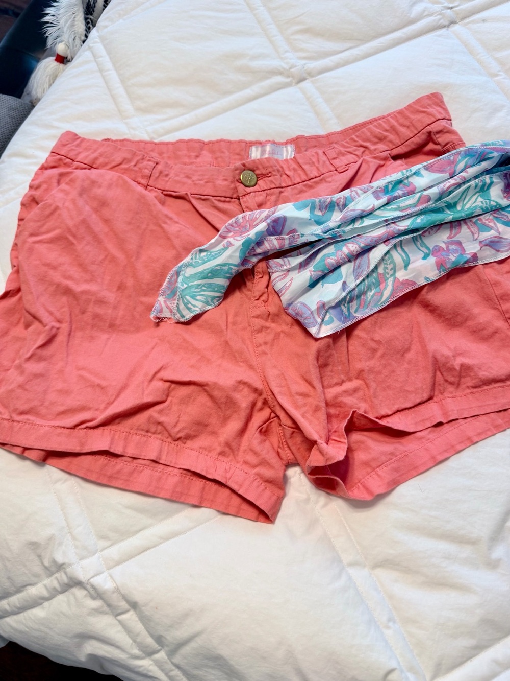 Women's Coral Casual Cotton Shorts w/ Floral Scarf Belt - Sz 14